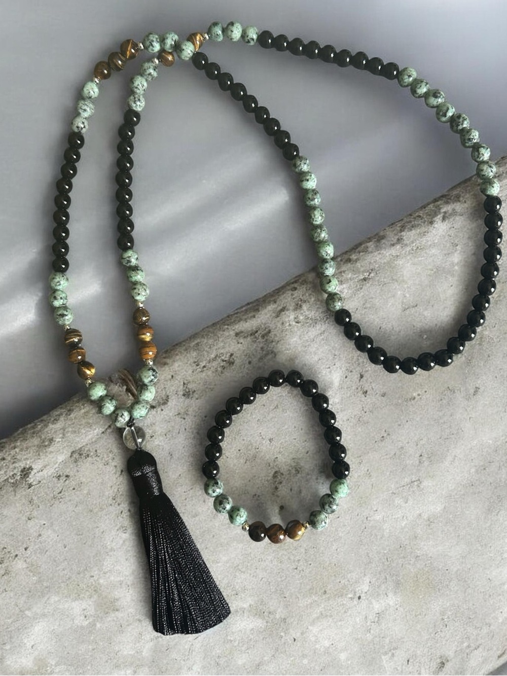 108 Mala Bead Necklace & Bracelet Set, Tiger Eye, African Turquoise & Black Onyx